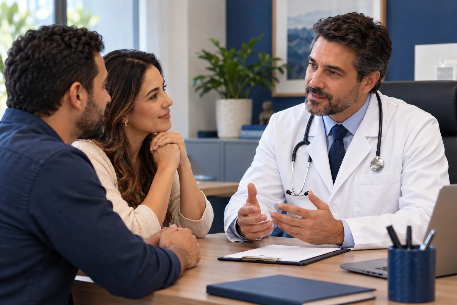 Médico do Projeto Garcia orientando um casal em uma consulta acolhedora